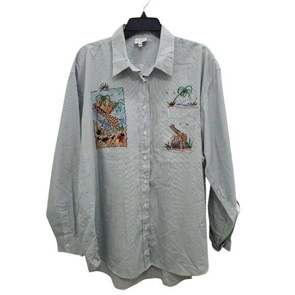 Circus Circus Woman's Vintage Green White Stripe Safari Embroidery Shirt Plus 2X - Picture 1 of 11